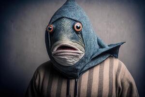 uomo mascherato con un' pesce costume per il aprile sciocco giorno scherzo illustrazione generativo ai foto
