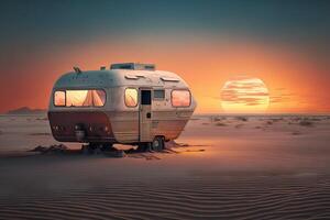 camper furgone rv a tramonto su spiaggia illustrazione generativo ai foto