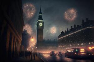 festeggiare nuovo anno vigilia nel Londra fuochi d'artificio nel il cielo illustrazione generativo ai foto