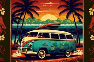 Hawaii retrò stile arte manifesto vacanza fare surf e Surf illustrazione generativo ai foto