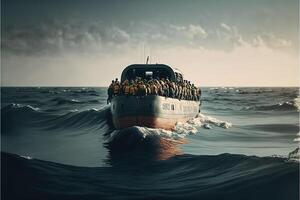 migranti su barca nel mediterraneo mare drammatico scena illustrazione generativo ai foto