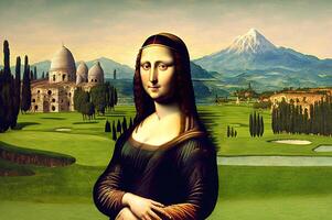 mona lisa giocando golf su verde erba Toscana corso generativo ai foto