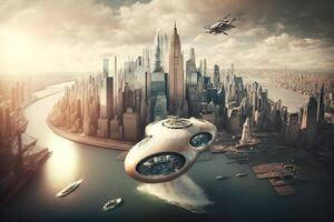 nuovo York città di il futuro anno 2100 con volante macchine e nuovo skyscarpers illustrazione generativo ai foto