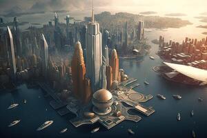 nuovo York città di il futuro anno 2100 con volante macchine e nuovo skyscarpers illustrazione generativo ai foto