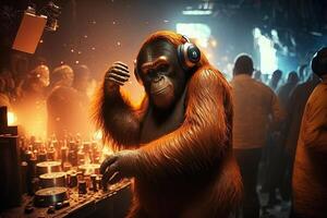 orang utan scimmia animale è un' residente dj nel il club persone danza su sfondo illustrazione generativo ai foto