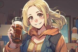 sorridente bionda anime ragazza Tenere un' bicchiere di birra e guardare a voi, manga stile illustrazione generativo ai foto