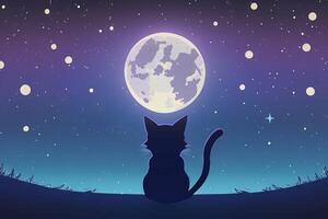anime gatto guardare a il Luna su stellato notte illustrazione generativo ai foto