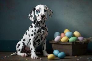 divertente poco dalmata cucciolo cane e Pasqua uova dipinto nel luminosa colori contento Pasqua vacanza illustrazione generativo ai foto