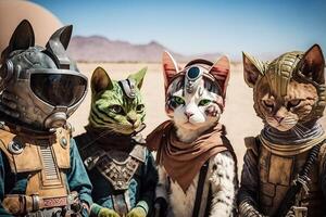 gruppo di gatti vestito su nel cosplay costumi, frequentando un' sci - fi convenzione su un' lontano pianeta e in posa per fotografie con alieno fan illustrazione generativo ai