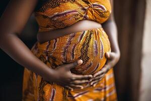 vicino su di africano incinta donna Tenere pancia con mani gravidanza, maternità, preparazione e aspettativa concetto. illustrazione generativo ai foto