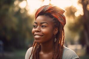 allegro donna con dreadlocks sorridente con sua occhi Chiuso. ai generato. foto