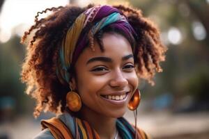 allegro donna con dreadlocks sorridente con sua occhi Chiuso. ai generato. foto