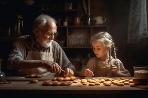 nipote e nonno cucinando e fabbricazione Impasto per biscotti con cucina utensili a cucina tavolo, cucinando nel cucina concetto ai generato foto