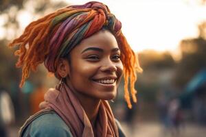 allegro donna con dreadlocks sorridente con sua occhi Chiuso. ai generato. foto