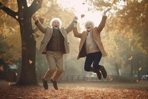 contento anziano coppia salto nel parco, ai generato foto