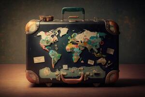 viaggio valigia con mondo carta geografica illustrazione generativo ai foto