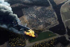 Russia massiccio attacco nel Ucraina, aereo Visualizza illustrazione generativo ai foto