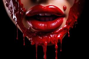 rossetto rosso dipingere gocciolante lucidalabbra gocce su labbra di bellissimo donna bocca illustrazione generativo ai foto