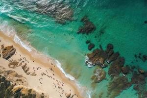 aereo Visualizza di gli ombrelli, palme su il sabbioso spiaggia su oceano . superiore Visualizza illustrazione generativo ai foto