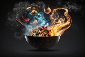 wok padella con volante ingredienti nel il aria e fuoco fiamme su nero sfondo illustrazione generativo ai foto