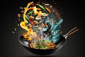 wok padella con volante ingredienti nel il aria e fuoco fiamme su nero sfondo illustrazione generativo ai foto