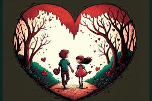 ragazzo e ragazza Tenere mano nel il sentiero di amore per grande amore San Valentino giorno concetto illustrazione generativo ai foto