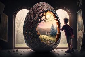 un' gigante Pasqua uovo, Cracked Aperto per svelare un' magico mondo dentro Pasqua illustrazione generativo ai foto