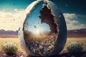 un' gigante Pasqua uovo, Cracked Aperto per svelare un' magico mondo dentro Pasqua illustrazione generativo ai foto