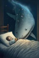 carino delfino lettura prenotare, nel bambini letto durante Natale vigilia notte cartone animato stile illustrazione generativo ai foto