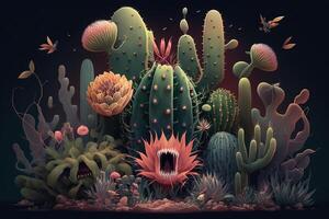 giardino pieno con surreale e impossibile impianti, come come cactus con tentacoli, fiori con denti, e alberi con incandescente, pulsante le foglie illustrazione generativo ai foto