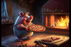 maiale cucinando Pizza illustrazione generativo ai foto