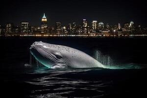 bianca gobba balena varco su hudson fiume nel davanti di nuovo York città illuminato grattacieli a notte illustrazione generativo ai foto