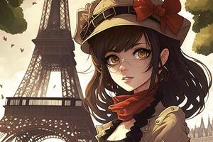 bellissimo anime manga ragazza nel Parigi illustrazione generativo ai foto