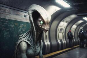 alieno nel metropolitana metropolitana di nuovo York città illustrazione generativo ai foto