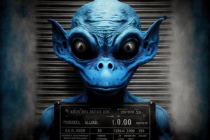 blu umanoide alieno identificazione piatto nel davanti di polizia allineare o foto segnaletica illustrazione generativo ai