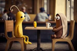 Banana e salsiccia avendo conversazione nel un' ristorante illustrazione generativo ai foto