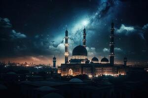 bellissimo notte cielo durante Ramadan kareem, con stelle scintillio nel il sfondo e un' moschea illuminato illustrazione generativo ai foto