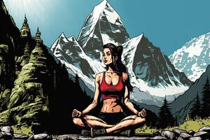 bellissimo ragazza praticante yoga all'aperto nel un' panoramico Posizione, con montagne nel il sfondo, manga stile illustrazione generativo ai foto