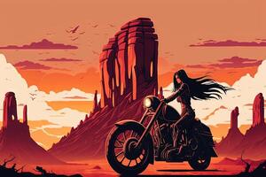 motociclista ragazza equitazione un' futuristico bicicletta motocicletta nel monumento valle sfondo a tramonto illustrazione generativo ai foto