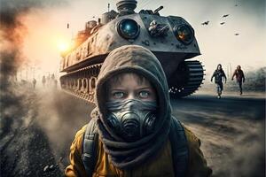 bambino soldato guerra nel Ucraina esplosioni su backround illustrazione generativo ai foto