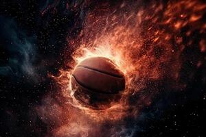 pallacanestro andando attraverso il cestino, superiore Visualizza, che esplode galassia sfondo illustrazione generativo ai foto