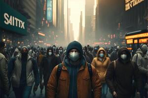 grande città con molti persone indossare viso maschera perché di ritorno di covid coronavirus pandemia illustrazione generativo ai foto