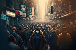 grande città con molti persone indossare viso maschera perché di ritorno di covid coronavirus pandemia illustrazione generativo ai foto