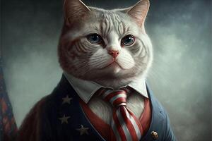 patriottico americano gatto con Stati Uniti d'America stella e strisce bandiera colori illustrazione generativo ai foto