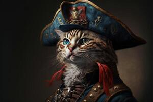 gatto pirata Capitano indossare un' tricorno cappello illustrazione generativo ai foto