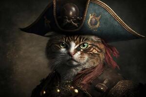 gatto pirata Capitano indossare un' tricorno cappello illustrazione generativo ai foto