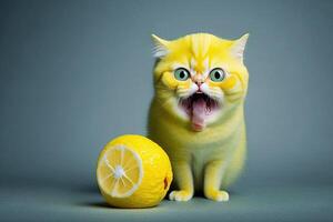 giallo gatto è un' Limone divertente e pazzo gattino illustrazione generativo ai foto