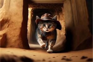gatto archeologo con cappello e frusta fuga a partire dal Pericolo illustrazione generativo ai foto