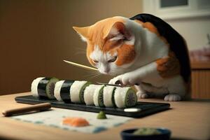 gatto capocuoco prepara rotoli e Sushi. illustrazione generativo ai foto