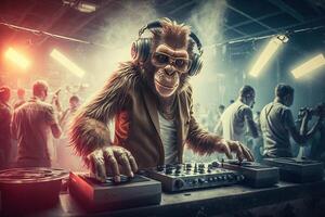 scimmia animale è un' residente dj nel il club persone danza su sfondo illustrazione generativo ai foto